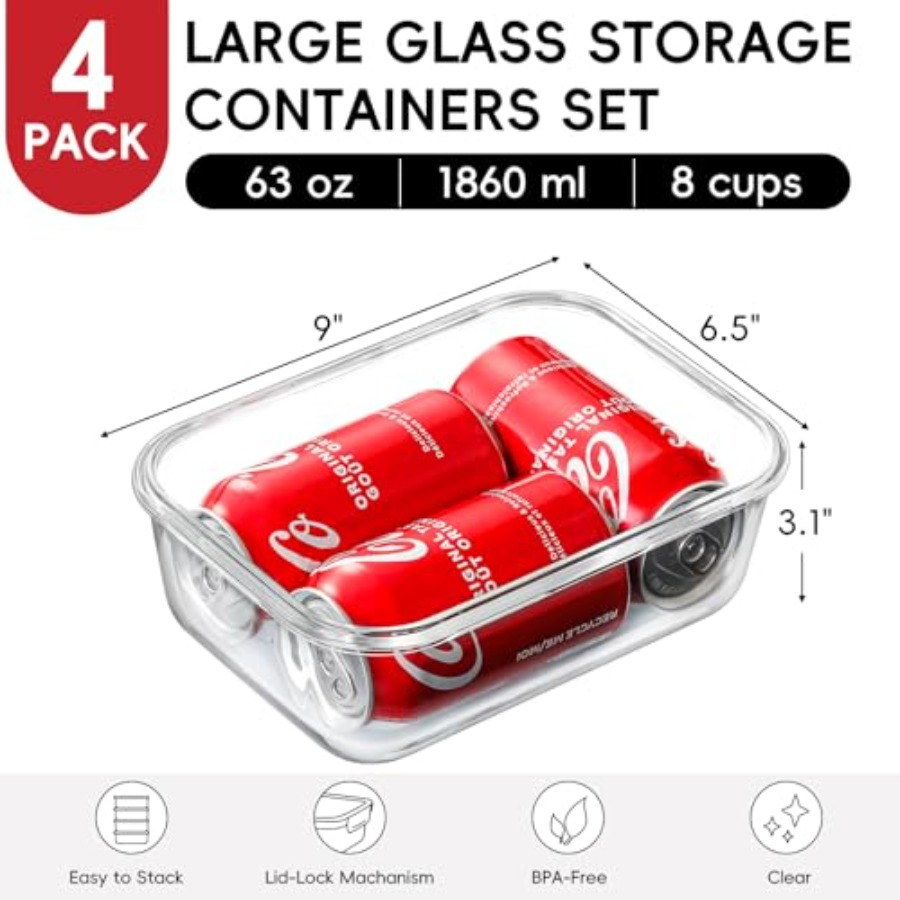 4 Pack 8 Cups/ 63oz Large Glas - Meal Prep Food recension och pris
